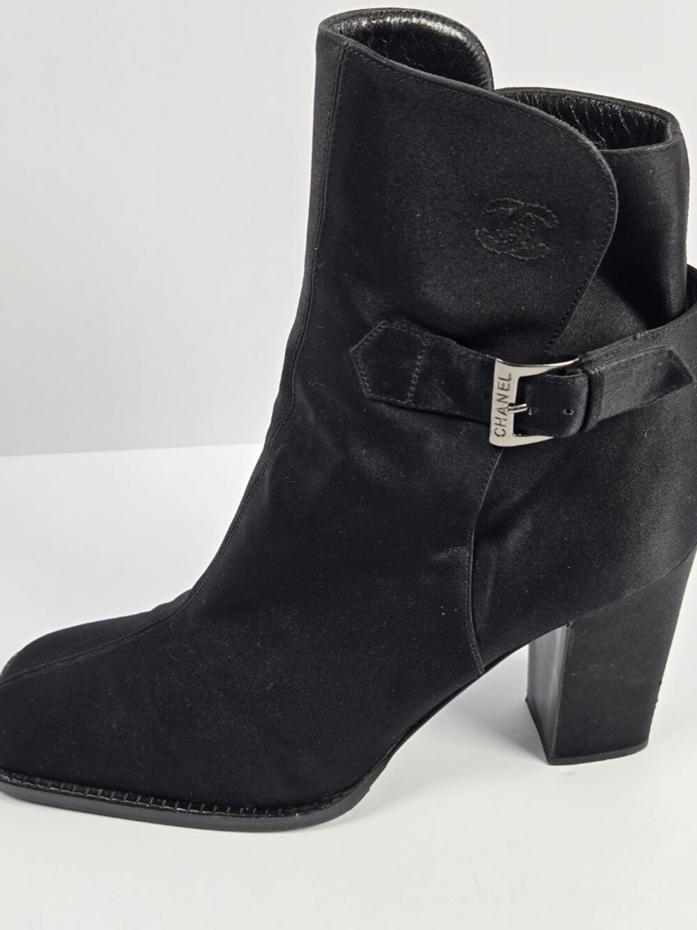 Chanel Vintage Black Satin Ankle Boots Block Heel Buckle Square Toe CC Logo - Picture 1 of 6